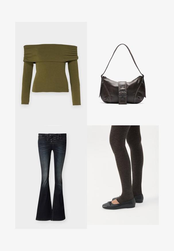 Olijfgroene off-shoulder lange mouw top met gerimpelde details, gemaakt van zachte stof, met een getailleerde pasvorm en een rechte zoom.; Donkere wijd uitlopende jeans met veterdetail aan de voorkant en subtiel vervagen op de dijen en knieën, liggend op een vlakke ondergrond.; Benen met donkere geribbelde leggings gecombineerd met zwarte ballerina's met kleine strikdetails op een witte achtergrond.; Bruine leren schoudertas met een gebogen vorm, voorzien van een opvallende gespdetail, contrasterende stiksels en een enkele schouderband.