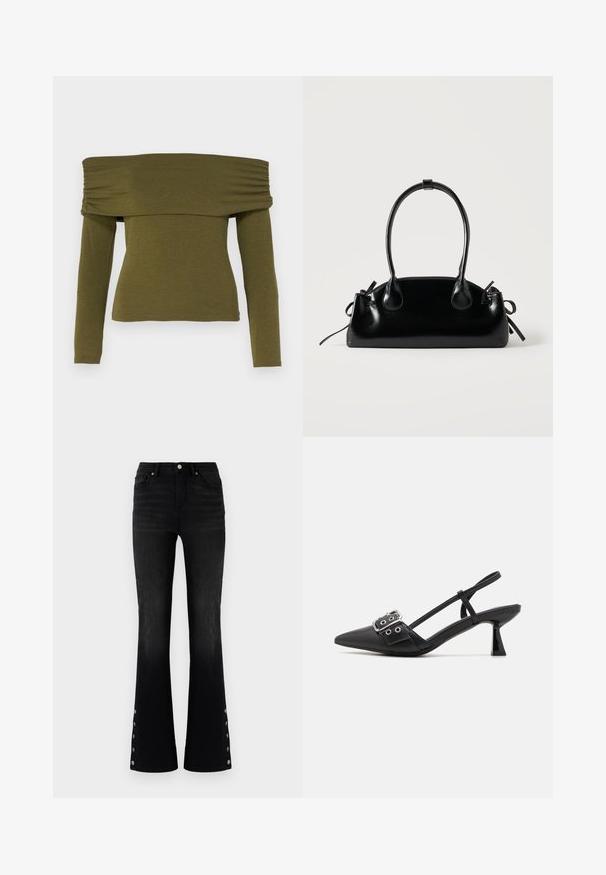 Olijfgroene off-shoulder lange mouw top met gerimpelde details, gemaakt van zachte stof, met een getailleerde pasvorm en een rechte zoom.; ONLY ONLWAUW MID WAIST FLARED - Flared Jeans - washed black; Simmi London DALA - Klassieke pumps - black; Kleine zwarte glanzende handtas met twee lange hengsels en zijkant trekkoord details op een effen lichte achtergrond.