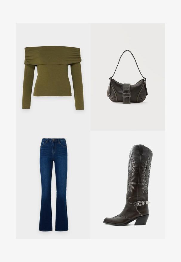 Olijfgroene off-shoulder lange mouw top met gerimpelde details, gemaakt van zachte stof, met een getailleerde pasvorm en een rechte zoom.; Donkerblauwe flared jeans van denim met een hoge taille, voorzien van voorzakken, een ritssluiting en subtiele stikseldetails.; Zwarte leren cowboylaars met decoratieve uitsnijdingen, zilveren gesp en schuine hak, weergegeven op een witte achtergrond.; Zwarte leren schoudertas met gespsluiting aan de riem, afgeronde hoeken en contrasterende witte stiksels op een effen achtergrond.