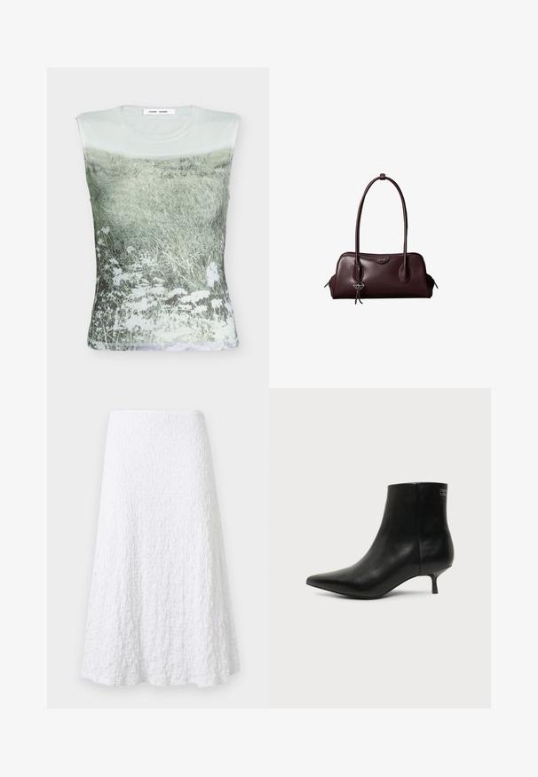 Haut sans manches avec un motif doux et discret d'un champ herbeux et de fleurs sauvages blanches sur un fond clair.; Jupe midi blanche texturée en ligne A avec tissu légèrement froissé et ourlet évasé.; Bottine en cuir noir avec bout pointu et petit talon kitten sur fond clair, vue côté extérieur.; Sac à main en cuir brun foncé Calvin Klein avec de longues poignées doubles et un petit porte-clé logo suspendu à une poignée.