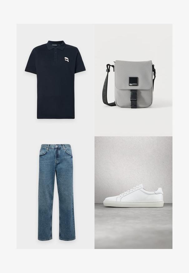 Polo azul marino hecho de algodón, con una tapeta de tres botones y un pequeño logo gráfico blanco en el lado izquierdo del pecho.; Pantalones vaqueros de denim azul con corte recto, que cuentan con cinco bolsillos, cierre de botón y cremallera, y detalles de costura visibles.; Zapatilla blanca con parte superior de cuero liso y perfil bajo. Presenta una puntera redondeada, seis ojales y una suela de goma texturizada.; Bolso bandolera gris con correa negra ajustable, solapa frontal sujeta con hebilla negra, con parche cuadrado con logo de Karl Lagerfeld Jeans.