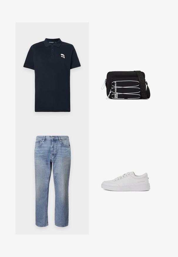 Marineblå polo-shirt lavet af bomuld, med en tre-knap lukning og et lille hvidt grafisk logo på venstre bryst.; Lyseblå denim jeans med lige pasform, fem-lomme design, synlige sting og knaplukning i taljen.; Hvide lædersneakers med et klassisk lavtop-design, flad sål og subtilt brandlogo på hælen. Har fem metaløjer til snørebånd.; Sort crossbody taske med hvide elastiske snore på frontlommen og justerbar rem præget med teksten "JEANS".