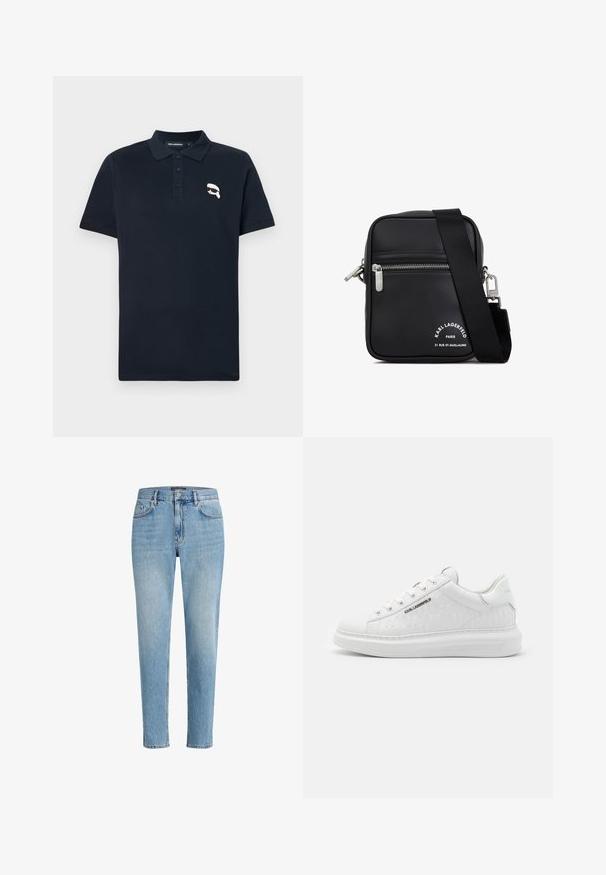 Dunkelblaues Poloshirt aus Baumwolle, mit einer Knopfleiste mit drei Knöpfen und einem kleinen weißen Grafiklogo auf der linken Brust.; Hellblaue Denim-Jeans mit einem lässigen Schnitt, Fünf-Taschen-Design und dezenten Abnutzungserscheinungen. Mit einem Markenpatch nahe der Taille.; Weißer Sneaker aus glattem Leder mit geprägtem Muster. Verfügt über eine runde Zehenpartie, Schnürung vorne und strukturierten Sohle. Silbernes Logo-Detail an der Seite.; Schwarze Leder-Umhängetasche mit silbernem Zubehör, einem Reißverschlussfach, einer strukturierten Oberfläche und auffälliger weißer Markenbeschriftung auf der Vorderseite.