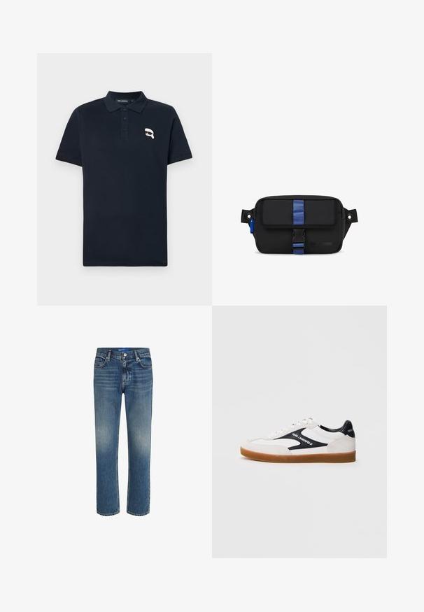 Marineblå polo-shirt lavet af bomuld, med en tre-knap lukning og et lille hvidt grafisk logo på venstre bryst.; Blå denimjeans med lige snit, let falmning på lårene, fem-lomme design, metalknaplukning og syede kanter.; Hvid sneaker med sorte accenter, lavet af ruskind og læder, forstærket tåparti, gummisål, med "Karl Lagerfeld"-branding på siden.; Sort stofpose med rektangulær form, der har en blå rem og spænde, sideløkke og præget logo på fronten.