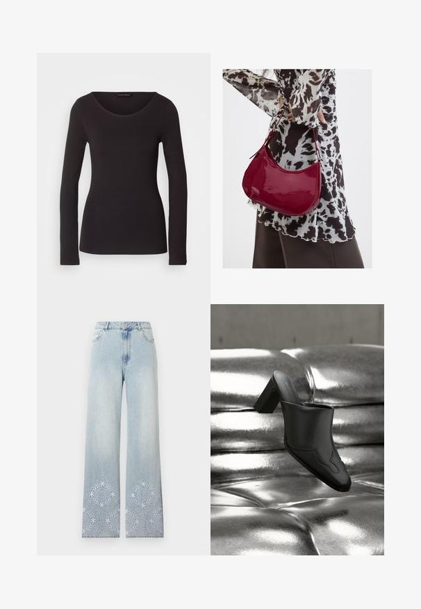 Zwarte longsleeve top gemaakt van soepele stof met een ronde hals en een aansluitende pasvorm; bevat geen patronen of accenten.; Lichtblauwe wijde jeans met knoopsluiting en witte bloemenborduursels aan de onderkant van beide pijpen.; Zwarte leren mule met blokhak, rustend op een glanzend zilveren gestoffeerde oppervlakte, die het strakke ontwerp en de afgeronde details benadrukt.; Vrouw met een zwart-wit gebloemde blouse houdt een glanzende rode schoudertas vast tegen een effen achtergrond.