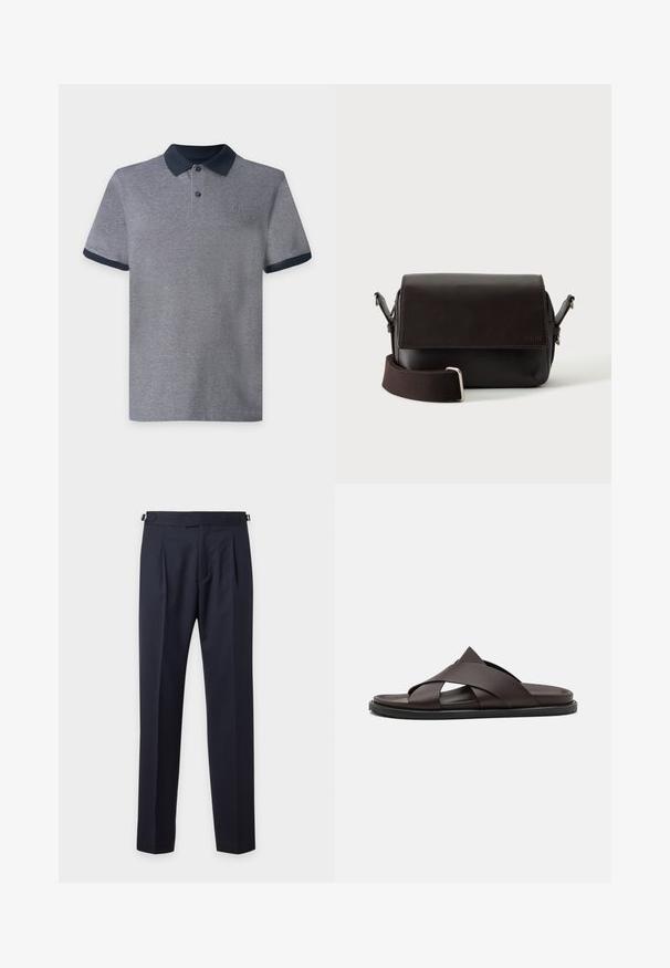 Polo gris à manches courtes avec col et bords de manches bleu marine foncé, doté de deux boutons et d’un petit logo sur la poitrine sur un fond uni.; Pantalon habillé bleu marine cintré avec plis, pattes latérales ajustables et coupe droite slim sur un fond clair uni.; Stuart Weitzman BERKLEY - Mules - espresso; Sac bandoulière en cuir marron foncé avec fermeture à rabat et sangle en tissu réglable sur fond blanc.