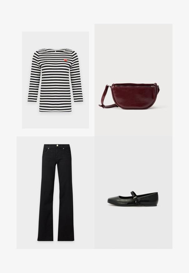 Chemise à manches longues à rayures horizontales noires et blanches avec un petit détail de cœur rouge sur la partie supérieure gauche de la poitrine.; Jean noir taille haute à jambes larges, bouton à l'avant, passants de ceinture et rivets sur les poches avant, présenté sur un fond uni clair.; Ballerines en cuir noir avec un bout arrondi, une semelle plate et une fine sangle ajustable sur le cou-de-pied avec une boucle en métal.; Sac à main en cuir marron foncé avec une forme en demi-lune, une fermeture éclair et une bandoulière amovible. Texture lisse avec un léger éclat.