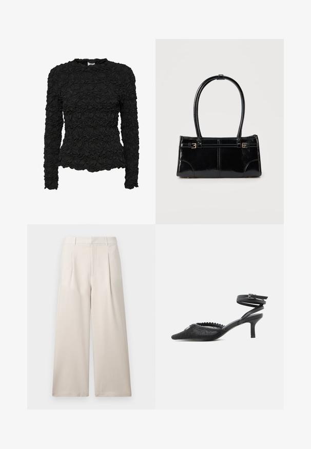 Haut noir à manches longues avec un motif texturé et froncé, doté d'un col rond et d'une silhouette ajustée. Fini en tissu lisse.; ONLY ONLLANDO PLEAT CULOTTE PANT - Pantalon classique - pumice stone; Escarpin noir à bout pointu avec talon kitten, dessus en dentelle, bord festonné et bride autour de la cheville avec fermeture à boucle.; Sac à main rectangulaire noir brillant avec deux fines bretelles et petits détails de boucles dorées à l'avant.