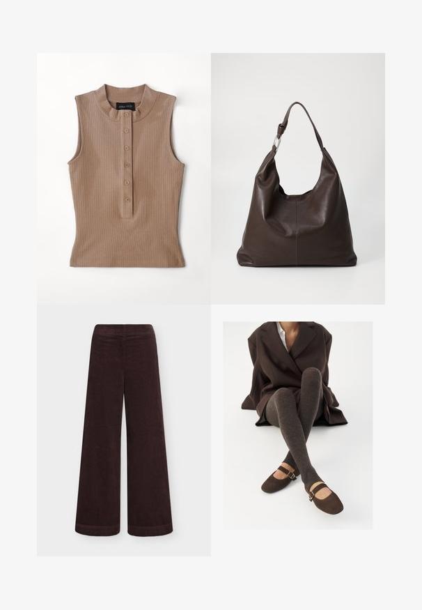 Top sans manches beige en tissu côtelé. Doté d'un col haut et d'une patte de boutonnage avec cinq boutons marron. Texture lisse.; Pantalon en velours côtelé brun foncé à jambes larges et taille haute, présenté à plat sur un fond blanc uni. Aucune fermeture visible.; Des chaussettes marron côtelées jusqu'aux genoux associées à des ballerines en daim marron de type Mary Jane avec une sangle décorative et une boucle, portées avec un manteau sombre.; Zign by Zalando LEATHER - Cabas - chocolate brown