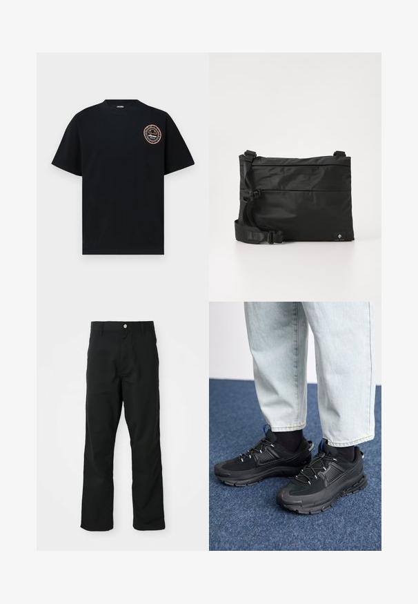 Ellesse DUOMO TEE - Tričko s potlačou - black; Čierne nohavice rovného strihu so zapínaním na gombík a zips, pútka na opasok a bočné vrecká, vystavené na bielom pozadí.; Čierne športové topánky s textúrovanou tkaninou a gumovou podrážkou, so elastickými šnúrkami a modrým akcentom na päte. Nosia sa s svetlými riflami.; Čierna nylonová taška cez rameno s nastaviteľným popruhom, plochým dizajnom a bočnou nálepkou s logom. Hladká textúra a minimalistický štýl.