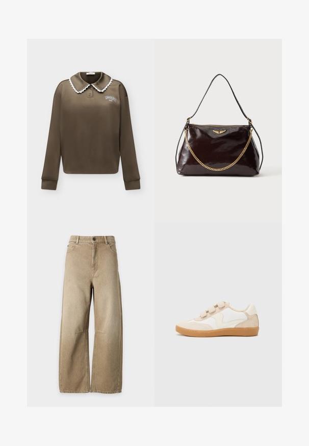 Polo marron à manches longues avec bordure en dentelle blanche sur le col et petit texte blanc sur la poitrine gauche indiquant « "MODSTRÖM" ».; Jean denim beige à jambes larges avec bouton à l’avant, fermeture éclair, poches avant et coutures visibles sur un fond clair uni.; Baskets en cuir blanc et beige avec des accents en daim, dotées d'un bout rond, de trois bandoulières Velcro et d'une semelle en caoutchouc couleur gomme.; Sac à main en cuir brillant marron foncé avec un emblème en forme d'aile dorée, détail de chaîne dorée et une fine bandoulière en cuir sur un fond uni.