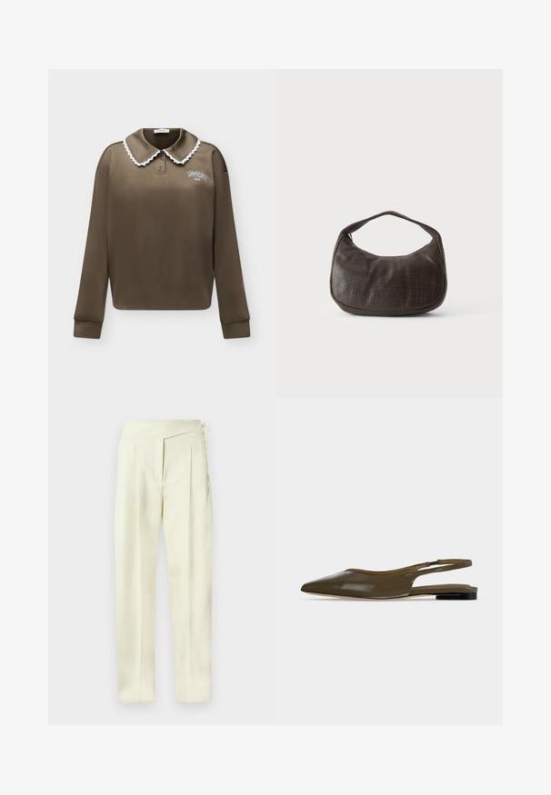 Polo marron à manches longues avec bordure en dentelle blanche sur le col et petit texte blanc sur la poitrine gauche indiquant « "MODSTRÖM" ».; Pantalon taille haute couleur crème, coupe ajustée avec plis, fermeture latérale et jambes droites, sur fond uni.; Chaussure plate à bout pointu vert olive avec bride arrière, talon noir bas et finition lisse et brillante.; Petit sac à main marron foncé texturé avec une courte bandoulière et un fond arrondi sur un fond clair uni.