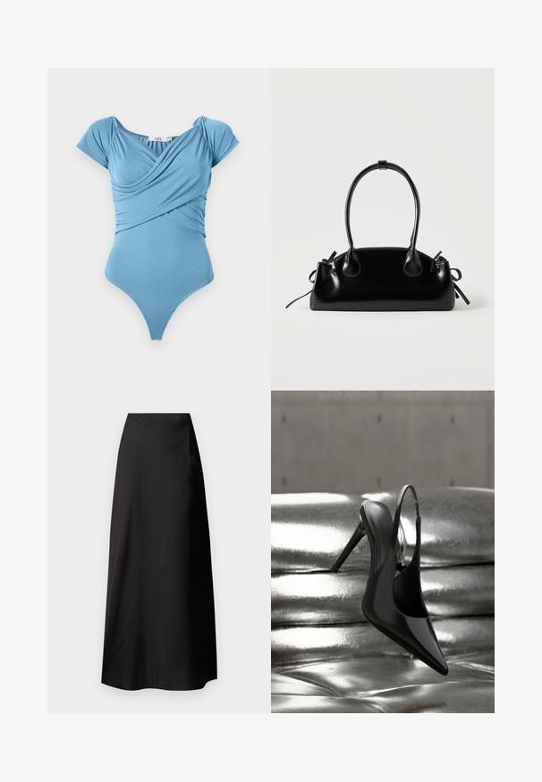 Sininen yksiosainen uimapuku, jossa on rypytetty bodice ja hihattomat hihat, valmistettu sileästä kankaasta. Korkeat lahkeensuuntat ja pyöreä selkädesign.; Mustat satiini maksihame, jossa on sileä tekstuuri, korkeavyötäröinen muotoilu, soljuva siluetti, eikä näkyviä kuvioita tai metalliosia.; Kiiltävä musta korkokengän slingback-malli tasapainossa kiiltävällä hopeanvärisellä metallisella pehmustetulla pinnalla, jossa on sileä tekstuuri.; Pieni musta kiiltävä käsilaukku, jossa on kaksi pitkää kantokahvaa ja sivulla nyöritys yksityiskohtia yksinkertaisella vaalealla taustalla.