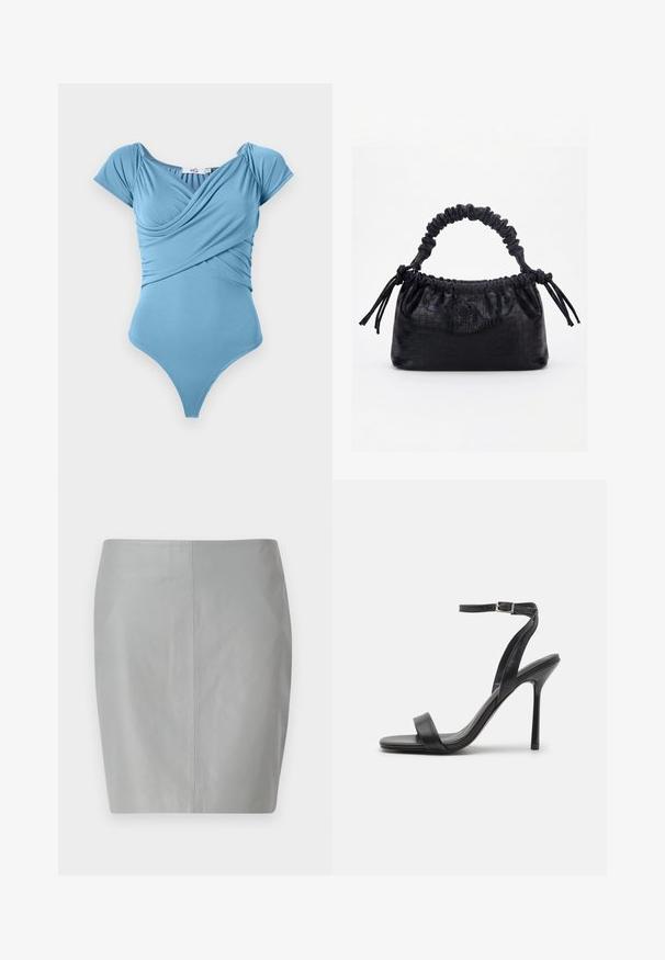 Sininen yksiosainen uimapuku, jossa on rypytetty bodice ja hihattomat hihat, valmistettu sileästä kankaasta. Korkeat lahkeensuuntat ja pyöreä selkädesign.; Harmaa nahkainen kynähame, jossa on sileä pinta, yksinkertainen muotoilu ja pystysuora sauma keskellä takana.; Musta korkokenkä, jossa on kapea nilkkaremmi ja kaksi etuosa-bandiä. Valmistettu sileästä nahasta, jossa on tyylikäs teräväkärkinen muotoilu ja stiletto-korko.; HVISK ARCADIA MATTE TRACE - Käsilaukku - black