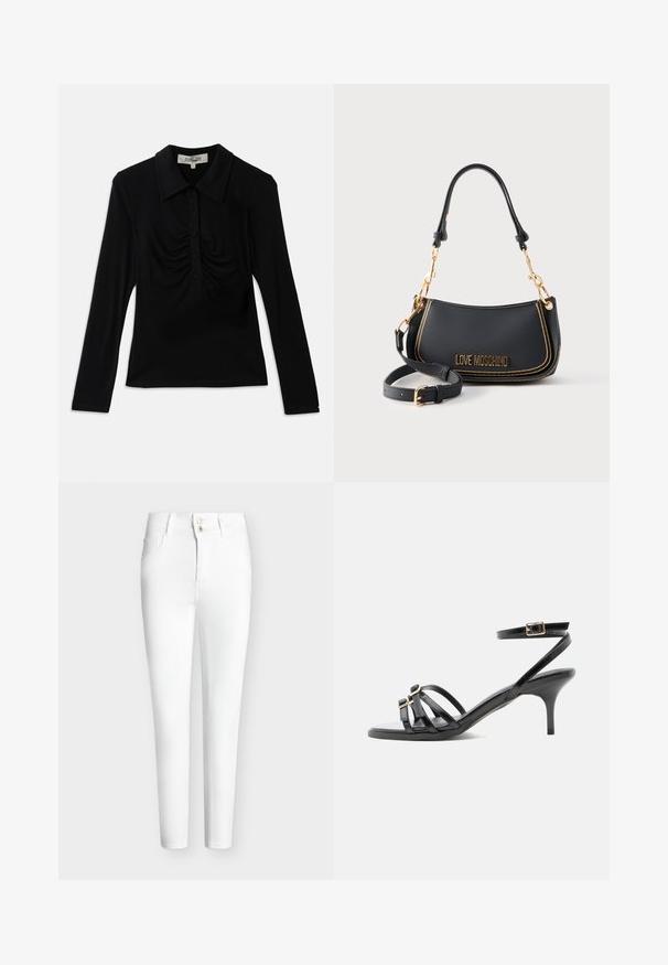 Sort langærmet top med krave, der har en knaplukning og rynkede detaljer foran. Glat stof med en tætsiddende design.; Hvide skinny jeans med høj talje, to forreste knapper, bæltestropper, forlommer og et rent, minimalistisk design.; Sort læder sandal med stropper, lille hæl, firkantet tå, to spænder foran og en ankelrem med guldspænde.; Moschino skuldertaske i sort læder med gulddetaljer, aftagelig lang rem og buet topgreb på grå baggrund.