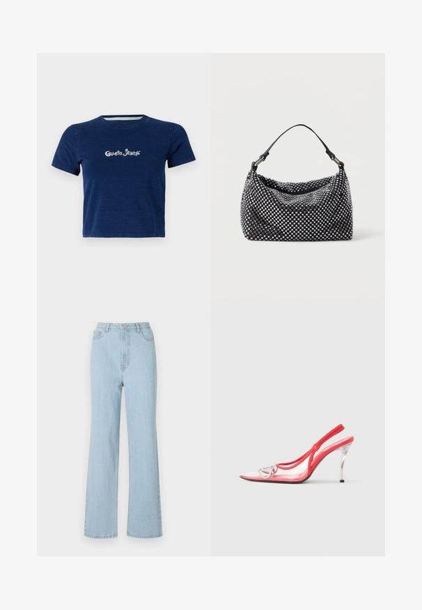 Navyblauwe T-shirt met korte mouwen, gemaakt van katoen, met het "Guess Jeans" logo in witte schrift over de borst, met een ronde hals.; Lichtblauwe denim high-waisted jeans met een relaxte pasvorm, brede pijpen en een klassiek vijfzakontwerp. Voorzien van een metalen knoop en rits sluiting.; Rode slingback hakken met een transparante bovenkant, een spitse neus en een metallic stilettohak. Verstelbare band met logo-accent.; Zwart en zilveren handtas met een geweven, gestructureerd oppervlak dat vierkante patronen bevat, een enkele bovenhandgreep en een slungelige vorm.