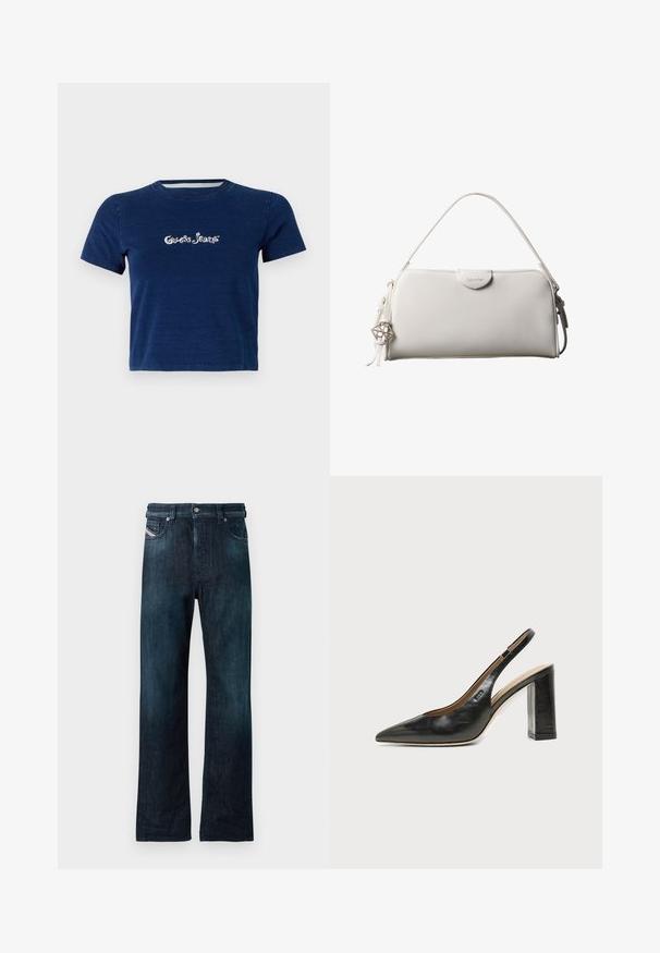 Tmavomodrá tričko s krátkymi rukávmi, vyrobené z bavlny, s logom "Guess Jeans" bielym písmom na hrudi a s okrúhlym výstrihom.; Tmavomodré rifle z denimu so strihom rovného strihu, vybavené predným zapínaním na gombíky a bočnými vreckami. Mäkká textúra so jemne vyblednutým efektom.; Čierna kožená slingback obuv s špicatou špičkou, vysokým hrubým podpätkom a béžovou vnútornou podšívkou na svetlom jednofarebnom pozadí.; Biela obdĺžniková kabelka Calvin Klein s jedným rúčikom, minimalistickým dizajnom a dekoratívnymi strapcami s geometrickým kovovým príveskom na boku.