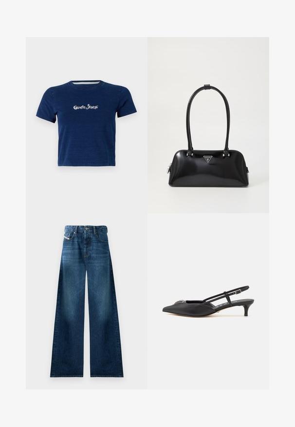 Camiseta de manga corta en azul marino, fabricada en algodón, con el logotipo de "Guess Jeans" en letras blancas en el pecho, y un escote redondo.; Jeans de mezclilla de pierna ancha en lavado oscuro. Presentan un diseño tradicional de cinco bolsillos, cierre de botón y un ligero desgaste en los muslos.; Zapatos slingback negros con punta afilada, hechos de material suave, con un pequeño tacón y un acento decorativo plateado en el empeine.; Bolso de mano negro brillante con una silueta curva, dos asas y una placa de logo en la parte frontal. Cierre de cremallera y acentos de hardware brillante.