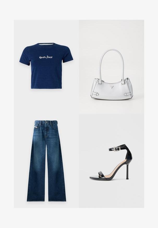 Marineblå t-shirt med korte ærmer, lavet af bomuld, med "Guess Jeans" logo i hvid skrifttype henover brystet, samt rund halsudskæring.; Bredde denimjeans i mørk vask. Har traditionelt fem-lomme design, knappelukning og let falmning på lårerne.; Sort højhælet sandal i laklæder med ankelrem. Har minimalistisk design, åben tå og spænde med rhinsten-detaljer.; Sølv håndtaske med et struktureret design, der har to håndtag, en skinnende overflade, accenthardware og et trekantet logo på fronten.