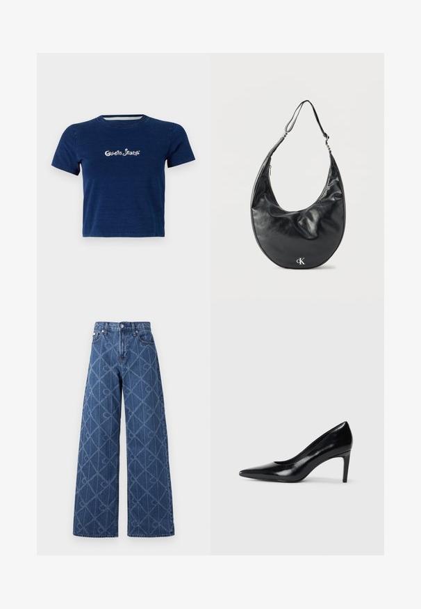 Laivansininen lyhythihainen t-paita, joka on valmistettu puuvillasta ja jossa on valkoisella skriptillä "Guess Jeans" -logo rinnassa, sekä pyöreä pääntie.; Tummansininen leveälahkeiset farkut, joissa timanttikuvio, kontrastisaumaus ja napillinen vyötärön suljenta.; Mustat nahkakengät korkealla korolla, terävä kärki, sileä pinta ja kapeneva korko. Minimalistinen muotoilu, ei ylimääräisiä koristeita.; Musta puolikuun muotoinen nahkainen olkalaukku, jossa säädettävä hihna ja etupuolella hopeinen "cK"-logo, valkoista taustaa vasten.