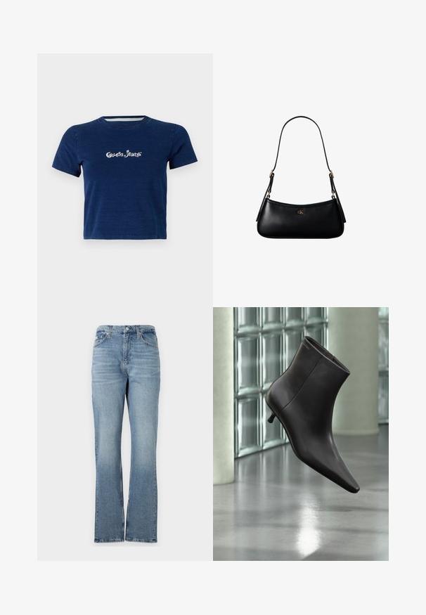 Tmavomodrá tričko s krátkymi rukávmi, vyrobené z bavlny, s logom "Guess Jeans" bielym písmom na hrudi a s okrúhlym výstrihom.; Svetlomodré džínsové nohavice so strihom rovného nohavic, päť vreciek, pútka na opasok a zips na nohaviciach. Tkanina má jemnú textúru.; Čierna kožená členková obuv s ostrou špičkou a nízkym podpätkom, zobrazená na pozadí steny zo sklenených blokov a leštenej podlahy.; Čierna kožená mini kabelka cez rameno s tenkým remienkom a malým zlatým logom CK v strede na prednej strane.