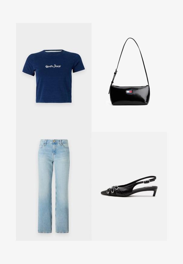 Navyblauwe T-shirt met korte mouwen, gemaakt van katoen, met het "Guess Jeans" logo in witte schrift over de borst, met een ronde hals.; Lichtblauwe spijkerbroek met een rechte snit, hoge taille en een enkele sluiting met knoop aan de voorkant. Heeft subtiele vervaging en een klassieke vijf-pocketontwerp.; Zwarte leren slingback schoen met puntige neus, drie zilveren gespen aan de voorkant en lage kittenhak op witte achtergrond.; Zwarte gepatineerde leren schoudertas met een gebogen schouderband, ritssluiting en een rechthoekig logo-opdruk in rood, wit en blauw.