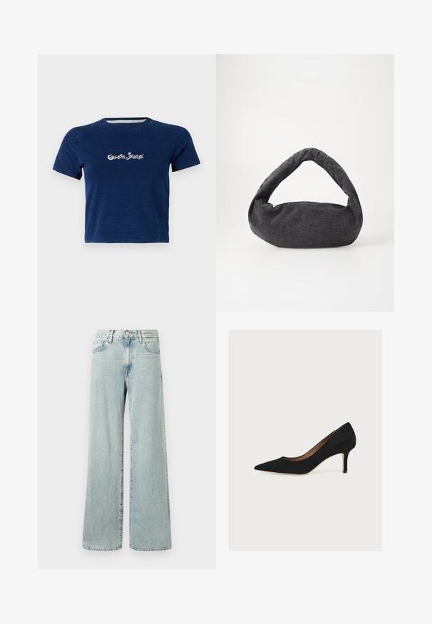 Tumed sinine lühikeste varrukatega T-särk, valmistatud puuvillast, millel on rinnal valge scriptsilt "Guess Jeans" logo ja ümmargune kaelus.; Heledad sinine laia jalgadega teksad, mis on valmistatud denimist, kõrge talje, viie tasku ja pahkluule ulatuva äärega, mille servad on lahtised.; Mustast seemis jalanõu eesosaga keskmise kõrgusega konts ja beež siseplantaar heledal taustal.; Tumehallist kangast kott, millel on kaardus käepide, pehme tekstuur ja ümar kuju. Pole nähtavaid metallosi ega kaunistusi.