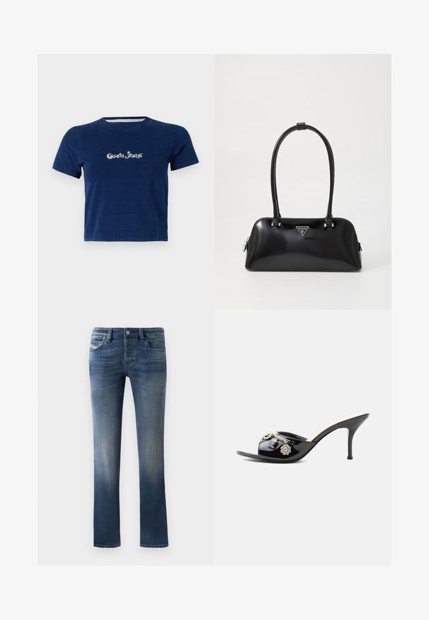 Tmavomodrá tričko s krátkymi rukávmi, vyrobené z bavlny, s logom "Guess Jeans" bielym písmom na hrudi a s okrúhlym výstrihom.; Tmavomodré džínsy vyrobené z denimu so strihom rovného nohavicu, s miernym vyblednutím na stehnách a klasickým päťvreckovým dizajnom.; Čierne lakované kožené mule na vysokom opätku s otvorenou špičkou a ozdobnými striebornými príveskami vrátane kvetu a visacieho zámku na prednom remienku.; Čierna lesklá kabelka s zakriveným siluetou, dvoma uchami a prednou nášivkou s logom. Zipsové uzatváranie a lesklé hardvérové akcenty.