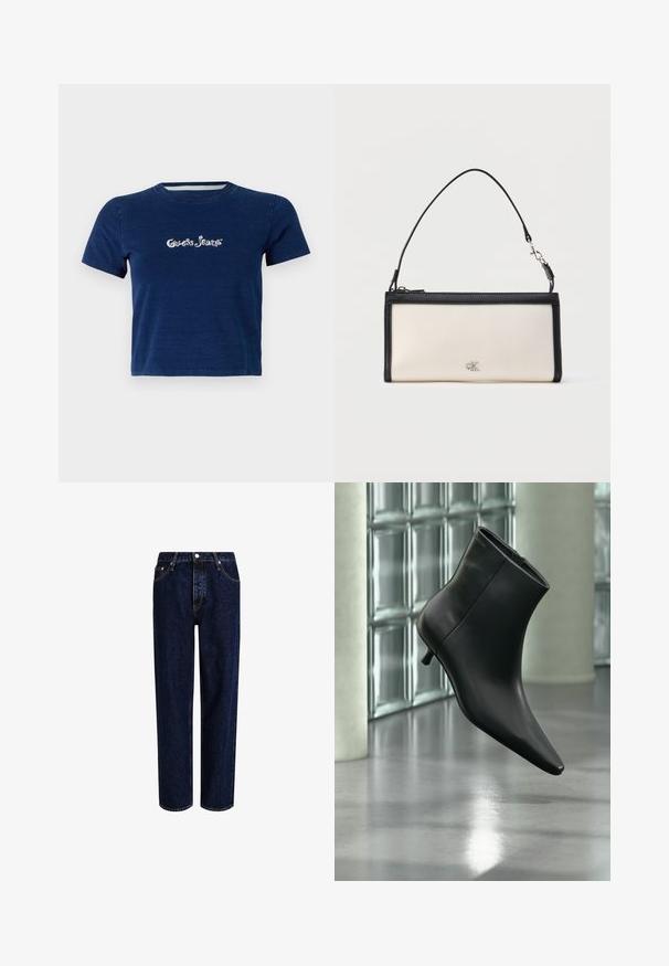 Camiseta de manga corta en azul marino, fabricada en algodón, con el logotipo de "Guess Jeans" en letras blancas en el pecho, y un escote redondo.; Jeans de mezclilla azul oscuro con un diseño de pierna recta, que presentan una cintura alta, estilo de cinco bolsillos y costuras en contraste. Sin adornos.; Botín negro de cuero con punta puntiaguda y tacón bajo estilo kitten, mostrado en ángulo sobre un suelo pulido y con una pared de bloques de vidrio de fondo.; Clutch rectangular crema con ribete y asa negros, con un pequeño logo "cK" plateado en el centro delantero.