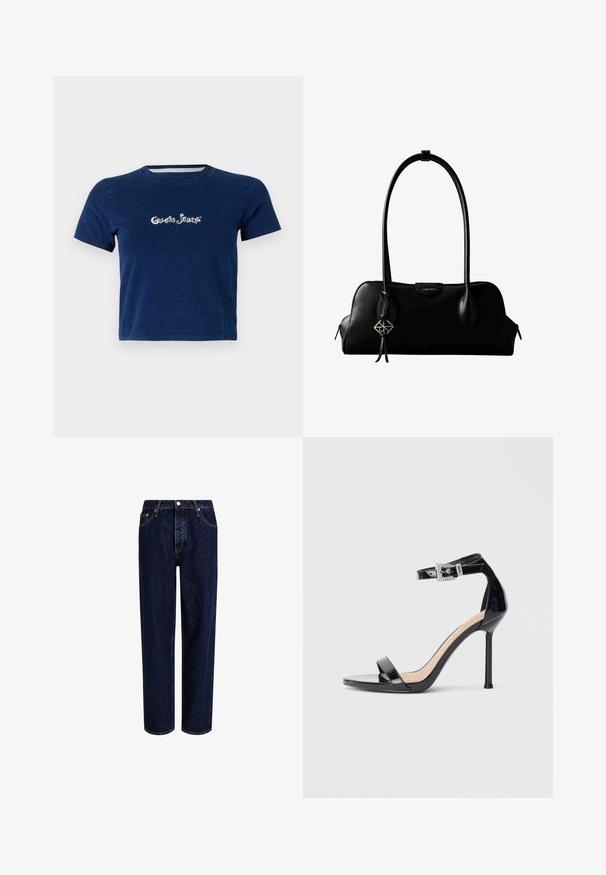 Marineblå t-shirt med korte ærmer, lavet af bomuld, med "Guess Jeans" logo i hvid skrifttype henover brystet, samt rund halsudskæring.; Mørkeblå denim jeans med lige ben-design, der har høj talje, fem-lomme-stil og kontrastsyninger. Ingen dekorationer.; Sort højhælet sandal i laklæder med ankelrem. Har minimalistisk design, åben tå og spænde med rhinsten-detaljer.; Sort lædertaske fra Calvin Klein med lange håndtag, en forside-logo-tag og en sølv geometrisk vedhæng, der hænger fra det ene håndtag.