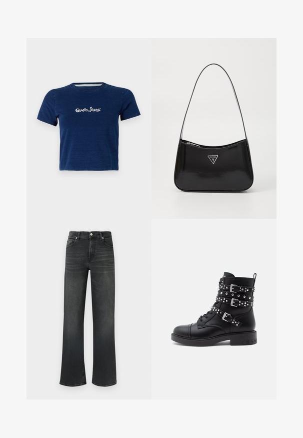 Marineblå t-shirt med korte ærmer, lavet af bomuld, med "Guess Jeans" logo i hvid skrifttype henover brystet, samt rund halsudskæring.; Sorte denimjeans med høj talje og vid ben. Har fem lommer og knaplukning samt subtil falming på stoffet.; Sorte læder ankelstøvler med flere justerbare stropper og sølvnitter, rund tå og en solid sål med et dekorativt mønster.; Sort patenteret læder skuldertaske med en buet form, prydet med et sølvfarvet trekantet logo og en lynlås-lukning. Glat tekstur og slank rem.
