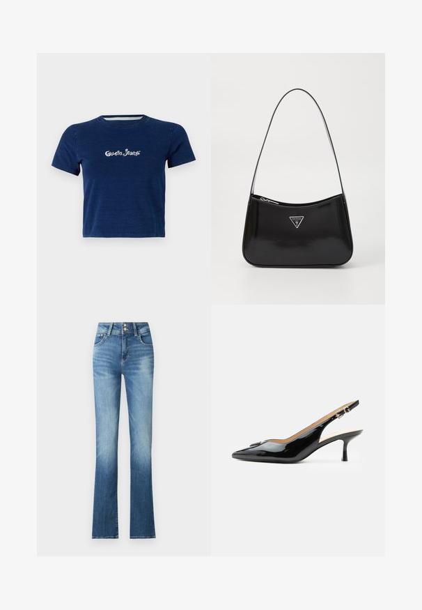 Camiseta de manga corta en azul marino, fabricada en algodón, con el logotipo de "Guess Jeans" en letras blancas en el pecho, y un escote redondo.; Pantalones vaqueros acampanados de mezclilla azul con cintura alta, que presentan un ligero desvanecimiento, dos botones y bolsillos laterales. La tela tiene una textura suave.; Tacón slingback de charol negro con puntera puntiaguda, tacón pequeño tipo kitten y correa con hebilla plateada sobre un fondo blanco liso.; Bolso de hombro de charol negro con forma curva, que presenta un logotipo triangular plateado y un cierre de cremallera. Textura suave y correa delgada.