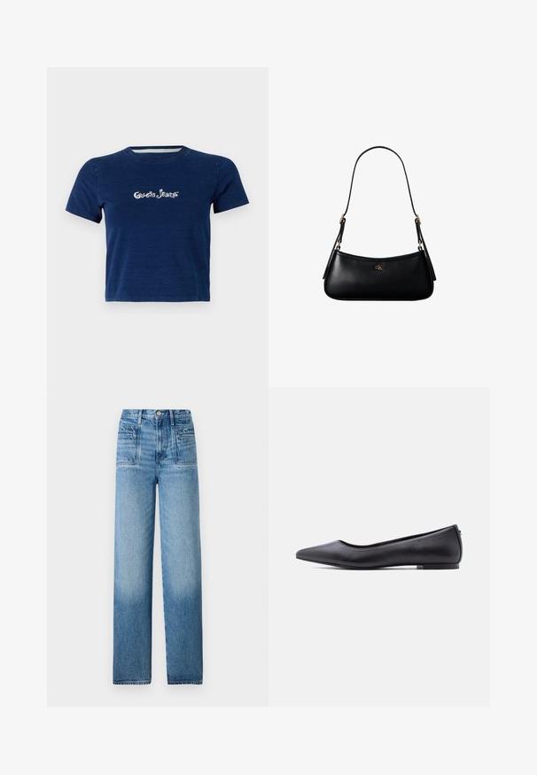Marineblå t-shirt med korte ærmer, lavet af bomuld, med "Guess Jeans" logo i hvid skrifttype henover brystet, samt rund halsudskæring.; Lys blå denim jeans med høj talje, lige ben-design, forlommer og en falmet finish ved den nederste kant.; Sort flad lædersko med spidst tåparti og lav hæl, vist i sideprofil mod en hvid baggrund.; Sort læder mini skuldertaske med tynd rem og lille gyldent CK-logo på fronten i midten.