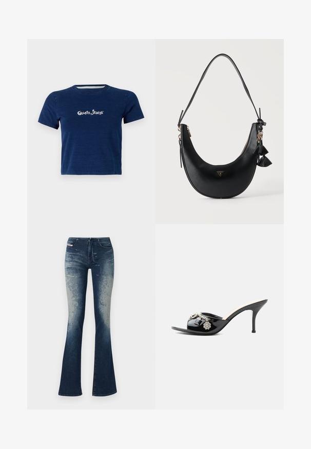 Navyblauwe T-shirt met korte mouwen, gemaakt van katoen, met het "Guess Jeans" logo in witte schrift over de borst, met een ronde hals.; Uitlopende denim jeans met een donkerblauwe wassing en lichtere vervaging, gestructureerd oppervlak en een ritssluiting. Vijf zakken ontwerp met merklabel.; Zwarte lakleren mule met hoge hak, open teen en decoratieve zilveren bedels, waaronder een bloem en hangslot op de voorste band.; Zwarte halvemaanvormige schoudertas met gestructureerd oppervlak, gouden rits, kwastjeshanger en klein driehoekig Guess-logo aan de voorkant in het midden.