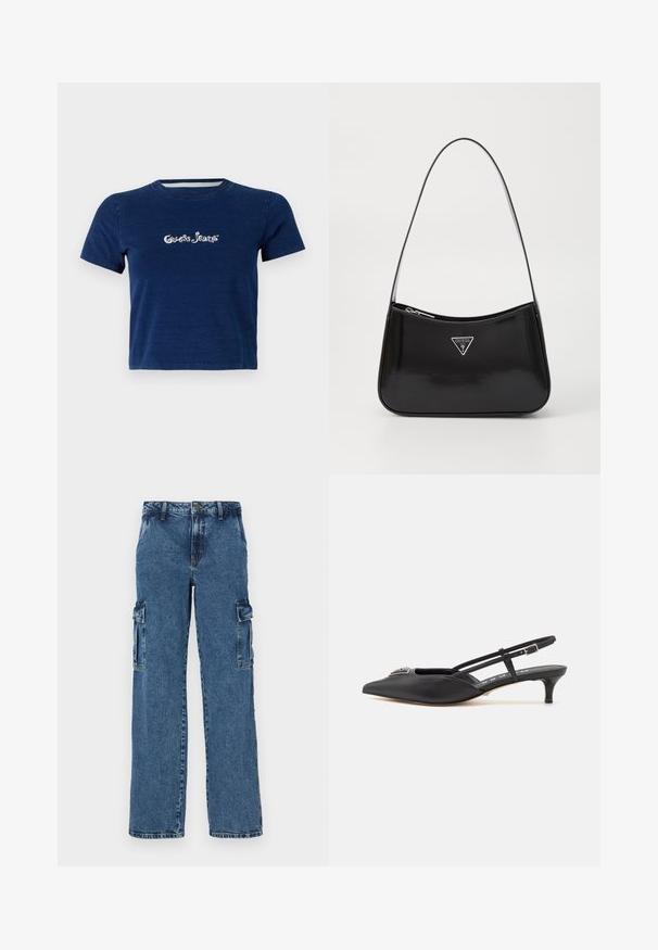 Marineblå t-shirt med korte ærmer, lavet af bomuld, med "Guess Jeans" logo i hvid skrifttype henover brystet, samt rund halsudskæring.; Blå denim cargo bukser med en afslappet pasform, der har to sidelommer, forstærket syning og et lige ben-design.; Sorte slingback-sko med spids tå, lavet af glat materiale, med en lille hæl og en dekorativ sølvaccent på vamps.; Sort patenteret læder skuldertaske med en buet form, prydet med et sølvfarvet trekantet logo og en lynlås-lukning. Glat tekstur og slank rem.