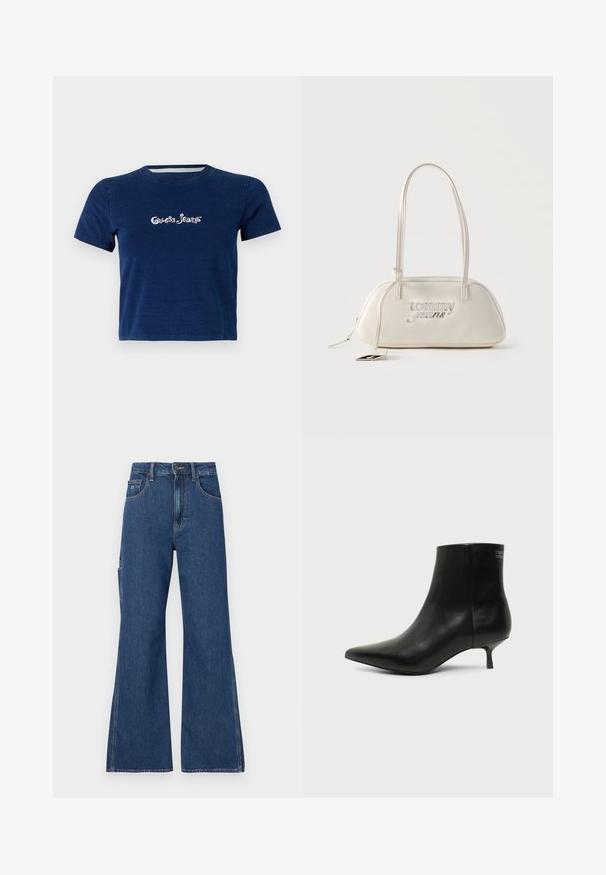 Tmavomodrá tričko s krátkymi rukávmi, vyrobené z bavlny, s logom "Guess Jeans" bielym písmom na hrudi a s okrúhlym výstrihom.; Dlhé modré denimové džínsy s gombíkovým zapínaním, dvoma prednými vreckami a bočným vreckom. Tkanina má hladký povrch s viditeľným šitím.; Čierna kožená členková šnúrovacia obuv s ostrou špičkou a nízkym kitten podpätkom na svetlom pozadí, pohľad z vonkajšej strany.; Krémovo sfarbená obdĺžniková kabelka cez rameno s dlhými remienkami, strieborné logo "tommy jeans" na prednej strane a visiaca záveska pripevnená k zipsu.