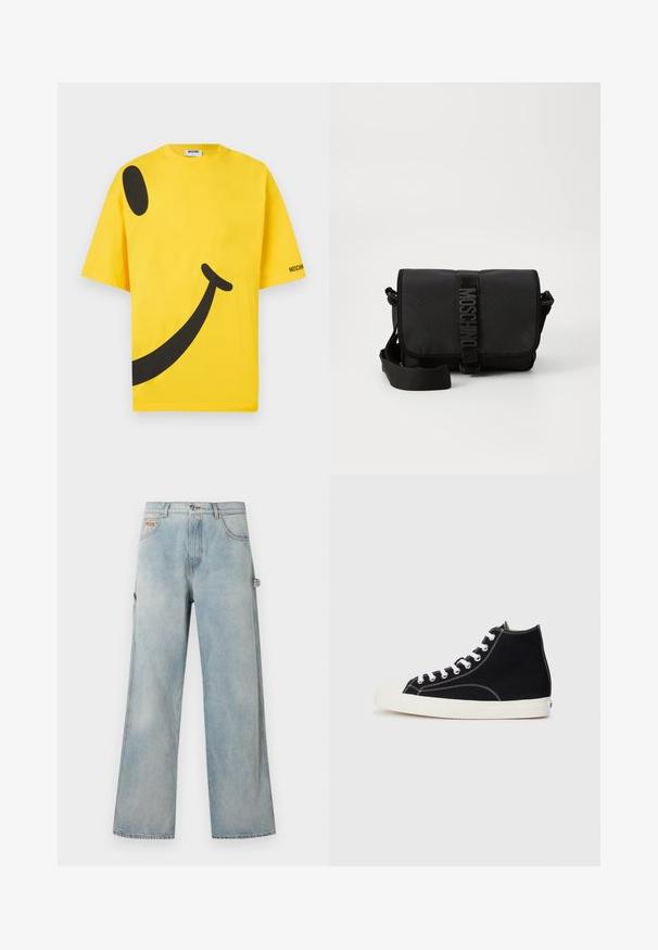 T-shirt en coton jaune avec un grand motif de smiley noir, coupe oversize et logo sur la manche. Texture douce et manches courtes.; Pantalon en jean bleu clair à jambes larges avec cinq poches, fermeture à boutons et une boucle sur le côté droit pour outils ou accessoires.; Baskets montantes en toile noires avec des lacets blancs, dotées d'un capuchon en caoutchouc et de surpiqûres blanches contrastantes.; Sac bandoulière noir en nylon avec rabat, doté d'une fermeture à bande logo proéminente, d'une bandoulière réglable et de détails de surpiqûres sur les côtés.