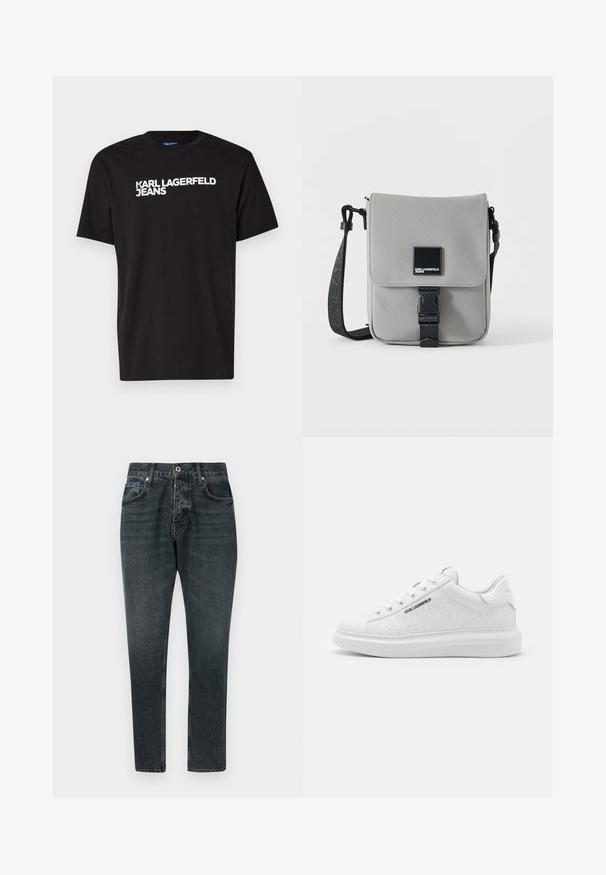 Čierne bavlnené tričko s krátkymi rukávmi a okrúhlym výstrihom, s bielym textom "KARL LAGERFELD JEANS" diagonálne napísaným na prednej strane.; Tmavo šedé džínsy s rovnými nohavicami, piatimi vreckami, zapínaním na gombík a jemným vyblednutím. Vyrobené z bavlny s hladkou textúrou.; Biele tenisky vyrobené z hladkej kože s embosovaným vzorom. Majú okrúhlu špičku, šnurovanie v prednej časti a textúrovanú podrážku. Strieborný detail loga na boku.; Sivá crossbody taška s čiernym nastaviteľným popruhom, predná klopa zabezpečená čiernou prackou, s štvorcovou nášivkou loga Karl Lagerfeld Jeans.