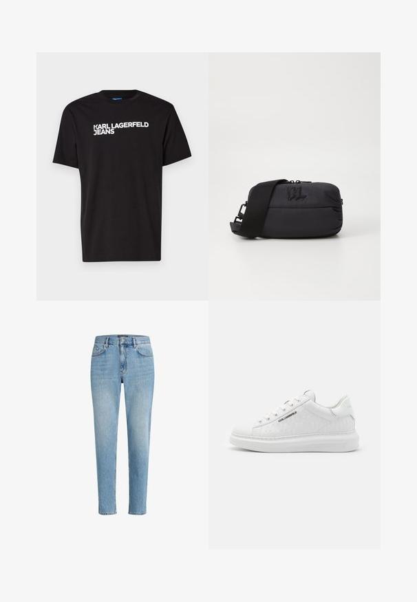 Čierne bavlnené tričko s krátkymi rukávmi a okrúhlym výstrihom, s bielym textom "KARL LAGERFELD JEANS" diagonálne napísaným na prednej strane.; Svetlomodré džínsy s uvoľneným strihom, päť vrecúškovým dizajnom a jemným efektom opotrebovania. Obsahujú označkovanú nášivku pri páse.; Biele tenisky vyrobené z hladkej kože s embosovaným vzorom. Majú okrúhlu špičku, šnurovanie v prednej časti a textúrovanú podrážku. Strieborný detail loga na boku.; Čierna nylonová taška cez telo s hladkým povrchom, zipsovým uzáverom, nastaviteľným popruhom a embosovaným logom na prednej strane.