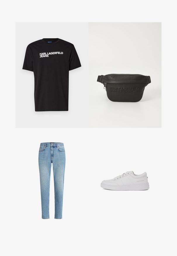 Zwarte katoenen T-shirt met korte mouwen en ronde halslijn, met diagonaal over de voorkant in witte tekst "KARL LAGERFELD JEANS".; Lichtblauwe denim jeans met een relaxed fit, vijf zakken ontwerp en subtiele wassing. Bevat een merklabel nabij de taille.; Witte leren sneakers met een klassiek low-top ontwerp, platte zool en subtiele merklogo op de hiel. Voorzien van vijf metalen oogjes voor veters.; Zwarte leren heupriemtas met een gestructureerde afwerking. Voorzien van een gegraveerde merknaam en een ritssluiting, verstelbare schouderband en een minimalistisch ontwerp.