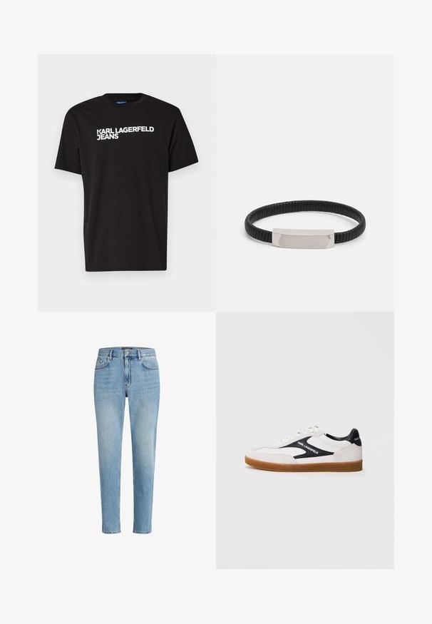 Čierne bavlnené tričko s krátkymi rukávmi a okrúhlym výstrihom, s bielym textom "KARL LAGERFELD JEANS" diagonálne napísaným na prednej strane.; Svetlomodré džínsy s uvoľneným strihom, päť vrecúškovým dizajnom a jemným efektom opotrebovania. Obsahujú označkovanú nášivku pri páse.; Biela teniska s čiernymi akcentmi, materiály z semišu a kože, zosilnená špička, podrážka z gumy, s nápisom "Karl Lagerfeld" na boku.; Čierny gumený náramok s textúrovaným dizajnom a obdĺžnikovým strieborným kovovým akcentom s ostrými hranami.