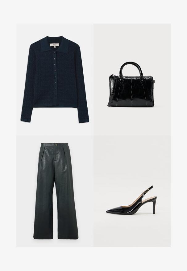 Cardigan en maille bleu marine avec un motif texturé, une fermeture à boutons à l'avant et un col contrastant. Il est doté de manches longues et d'une finition côtelée.; Pantalon large en cuir noir avec une texture lisse, doté d'une fermeture à boutons sur le devant et d'un design plissé pour plus de détails.; Pompe slingback en cuir verni noir avec un bout pointu, un talon fin et un design de découpes subtil. Elle dispose d'une boucle dorée sur la sangle.; Sac à main en cuir noir avec une forme structurée, présentant une texture lisse, des coutures décoratives et une bandoulière amovible.