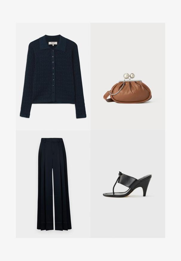 Cardigan en maille bleu marine avec un motif texturé, une fermeture à boutons à l'avant et un col contrastant. Il est doté de manches longues et d'une finition côtelée.; Pantalon large bleu marine taille haute, avec passants de ceinture, plis à l'avant et ourlet droit.; Sandale noire à talon haut avec une large bride avant et une boucle d'orteil dotée d'un détail de corde nouée, vue de profil sur fond blanc.; Pochette en cuir marron avec un fermoir à boule en argent et un petit détail en chaîne argentée sur fond blanc.