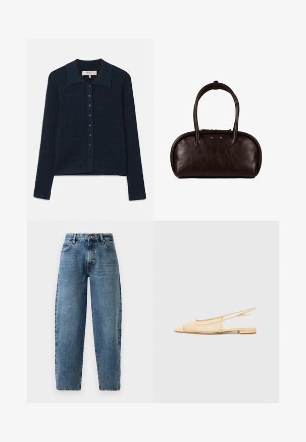 Cardigan en maille bleu marine avec un motif texturé, une fermeture à boutons à l'avant et un col contrastant. Il est doté de manches longues et d'une finition côtelée.; Jean en denim bleu clair avec une coupe droite, taille haute et des coutures minimalistes. Style classique à cinq poches avec quincaillerie en métal.; Chaussure plate slingback en beige clair avec une tige en maille, un bout pointu et un petit talon. Dotée d'une sangle ajustable pour un bon maintien.; Sac à main en cuir marron foncé avec des bords supérieurs arrondis, deux longues poignées et une petite plaque logo rectangulaire à l'avant.