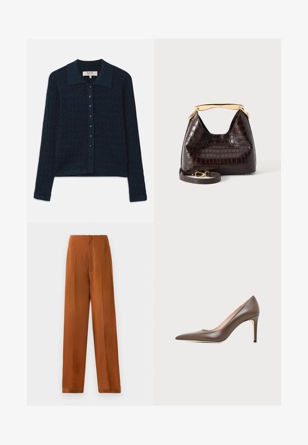 Cardigan en maille bleu marine avec un motif texturé, une fermeture à boutons à l'avant et un col contrastant. Il est doté de manches longues et d'une finition côtelée.; Pantalons à jambes larges d'une couleur brun chaud, avec une texture lisse, une taille haute et des coutures blanches contrastantes le long des coutures.; Chaussure à talon haut en cuir marron à bout pointu avec un talon aiguille fin et une finition lisse sur un fond clair.; Sac à main marron foncé à texture crocodile avec une poignée dorée courbée et une bandoulière assortie amovible avec une boucle dorée, présenté sur fond blanc.