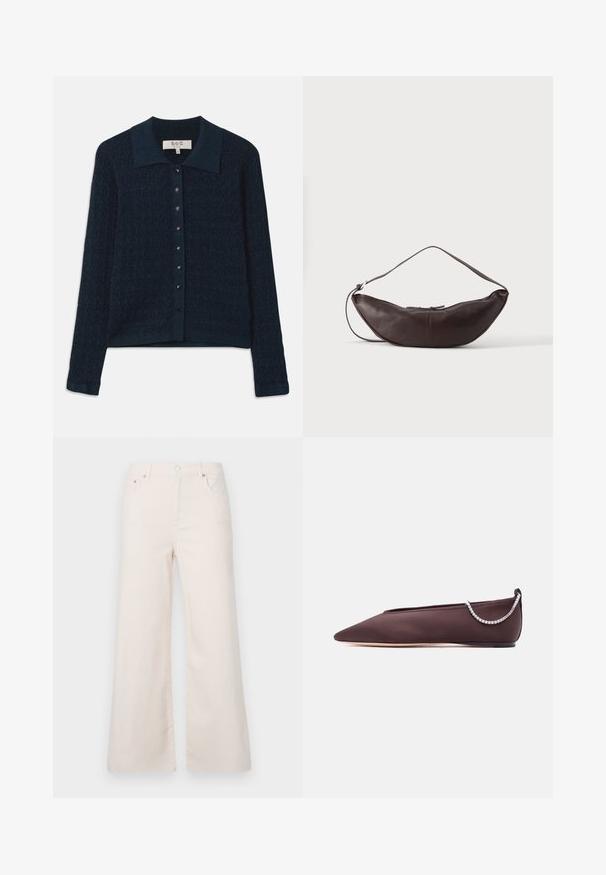 Cardigan en maille bleu marine avec un motif texturé, une fermeture à boutons à l'avant et un col contrastant. Il est doté de manches longues et d'une finition côtelée.; Pantalons en denim beige clair à jambes larges, taille haute, avec cinq poches et une fermeture à bouton à l'avant. Texture lisse, détails de couture minimalistes.; Chaussure plate marron foncé à bout pointu avec un petit talon et un détail chaîne en strass argentée à l'arrière.; Sac d'épaule en cuir marron foncé en forme de croissant avec une lanière courbée et des coutures visibles sur fond uni.