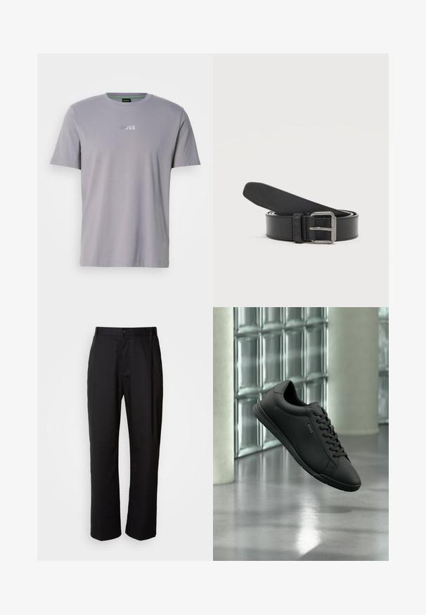 T-shirt gris à manches courtes en coton, avec un col rond et le logo "BOSS" embossé en blanc sur la poitrine.; Pantalon noir à coupe droite, en tissu léger. Il dispose d'une fermeture à bouton sur le devant et de deux poches latérales ; texture lisse.; Baskets en cuir noir avec lacets et logo "BOSS", flottant au-dessus d'un sol en béton réfléchissant dans un intérieur moderne avec un mur en blocs de verre.; Ceinture en cuir noire enroulée avec une boucle rectangulaire en métal argenté sur un fond clair uni.