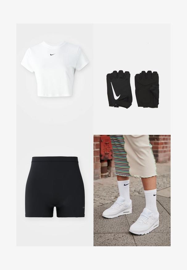 Valge lühikeste varrukatega puuvillane lühike t-särk ümarate kaelustega, millel on rinna peal must Nike logo.; Must mustad mustreid, elastne mustad spordilühikesed, millel on keskmise kõrgusega vöökoht ja väike Nike logo vasakul küljel.; Valged Nike Air Max 90 sneaksid, millel on silmade ja nahast pealispind, nähtava õhuüksusega, koos valgete soonikute sokkidega musta logoga.; Mustmusteta musta spordikindad, mis on valmistatud hingavast kangast, sisaldavad valget Nike logo, padjaga peopesad ja avatud randme disain paindlikkuse tagamiseks.