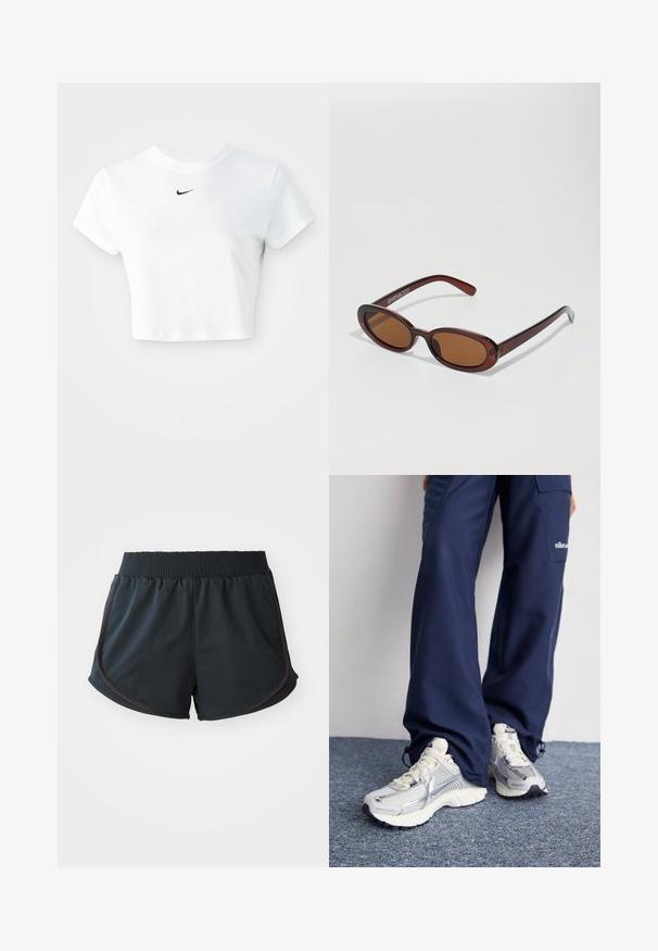 Biely skrátený tričko vyrobené z bavlny, s krátkymi rukávmi a okrúhlym výstrihom, s čiernym logom Nike na hrudi.; Čierne športové šortky s rebrovaným pásom, s bočnými švami a hnedými akcentmi, vyrobené z ľahkej, hladkej tkaniny.; Športové topánky Nike s strieborným sieťovaným zvrškom, bielymi detailmi a textúrovanými podrážkami, skombinované s voľnými námorníckymi nohavicami.; Okrúhle slnečné okuliare s hnedým nádychom a lesklým burgundským rámom. Úzke ramená s jemným brandovaním. Plochej šošovky dizajn.