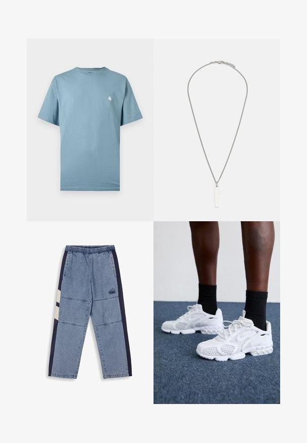 Hellblaues T-Shirt mit kurzen Ärmeln und Rundhalsausschnitt sowie einem kleinen weißen Logo auf der linken Brust, präsentiert vor einem schlichten Hintergrund.; Jeans mit einem elastischen Bund, aus leicht blauem Hauptstoff, mit navyblauen Seitenpaneelen und einem kleinen Logodesign an einem Bein.; Weiße Sportschuhe mit Mesh-Obermaterial, strukturierten Akzenten und gepolsterter Sohle. Kombieirt mit schwarzen gerippten Knöchelsocken auf einer blauen Teppichoberfläche.; Silberne Kettenhalskette mit einem rechteckigen Anhänger mit glatter, polierter Oberfläche. Die Kette hat ein strukturiertes Design für zusätzlichen Detailreichtum.